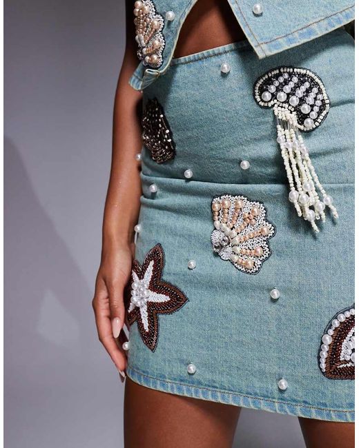 ASOS Blue Co-ord Denim Pearl Embellished Seascape Mini Skirt