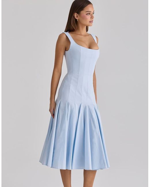 House Of Cb Blue Soretta Pleated Lace Up Cotton Midi Dress
