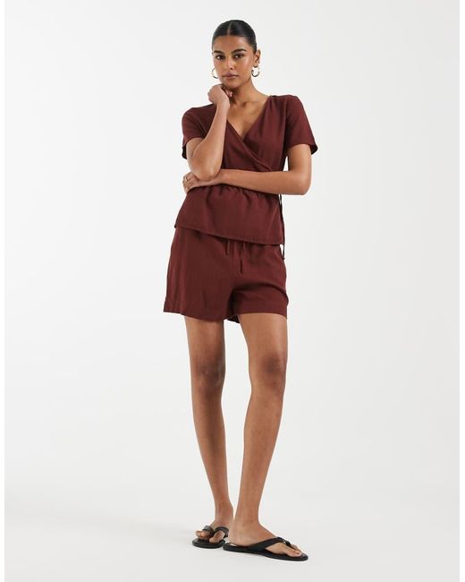 Vero Moda Red Linen Touch Tie Waist Papaerbag Shorts Co-ord