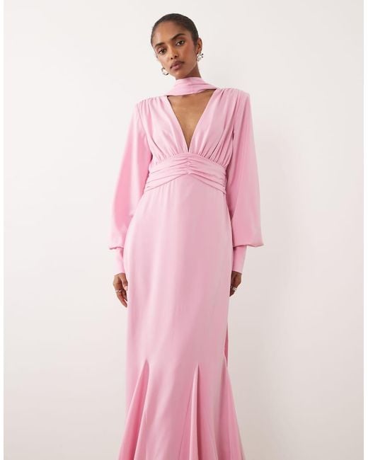 Pretty Lavish Pink Scarf Detail V-neck Deep Cuffs Satin Maxi Dress