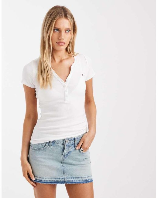 Hollister White Short Sleeve Henley T-shirt With Chest Logo