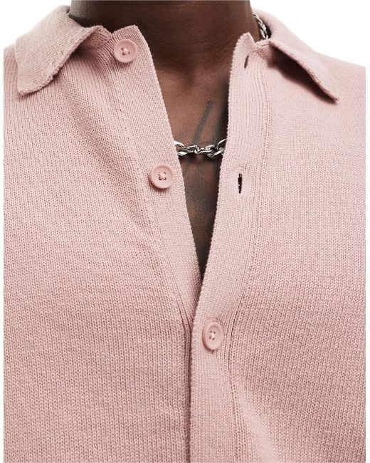 ASOS Pink Midweight Knitted Cotton Button Through Polo for men