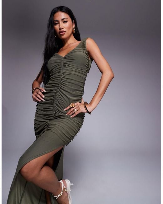 ASOS Gray Plunge With Ruching And Open Back With Gold Butterfly Trim Mesh Maxi Dress