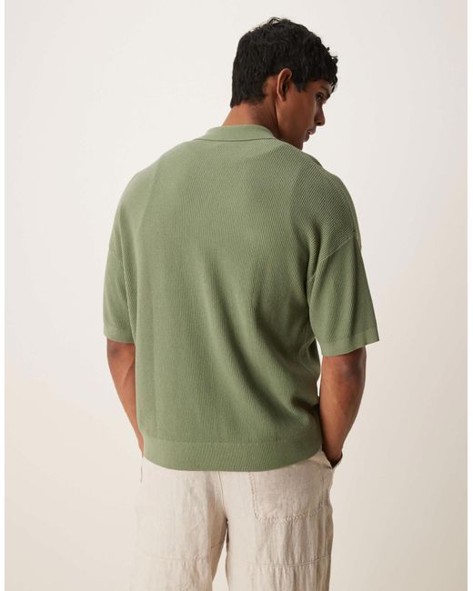 ASOS Green Relaxed Boxy Fit Knitted Button Through Polo With Margarita Embroidery for men