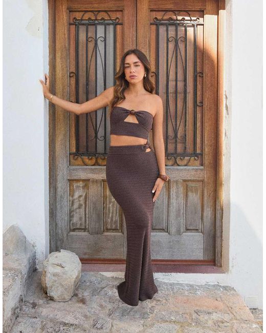 4th & Reckless Brown X Luana Barron Cotton Rich Knitted Bandeau Bead Detail Cut Out Beach Crop Top Co-ord
