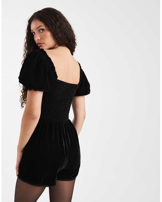 Miss Selfridge Black Velvet Puff Sleeve Playsuit