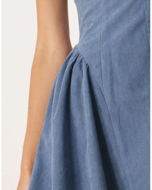 ASOS Blue Cord Corset Waist Mini Dress With Puff Sleeve