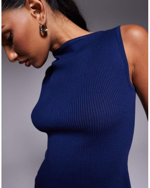 Kaiia Blue Exclusive Slash Neck Sleeveless Rib Knit Top Co-Ord