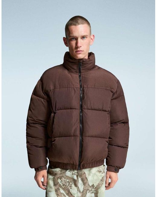Bershka Brown Technical Puffer Jacket for men