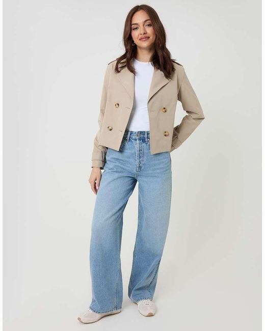 Threadbare Natural Petite Double Breasted Cropped Trench Coat