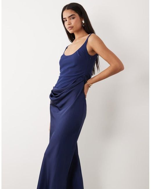 ASOS Blue Deep Scoop Neck Maxi Dress With Asymmetric Draped Skirt Overlay