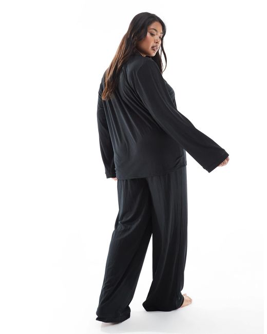 Loungeable Blue Curve Super Soft Jersey Revere Top And Wide Leg Pants Pyjama Set With Piping Detail
