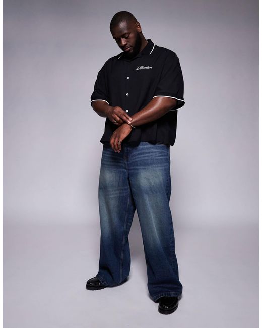 Chemise coupe carrée oversize avec col à revers et broderie chainette sur la poitrine ASOS pour homme en coloris Blue