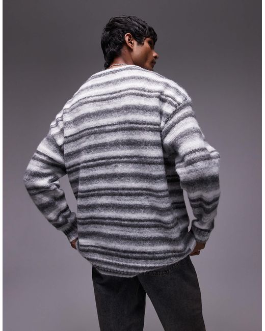 Topman Gray Relaxed Fit Fluffy Stripe Jumper for men
