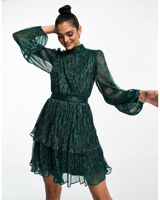 Forever New Green Tiered Metallic Plisse Mini Dress
