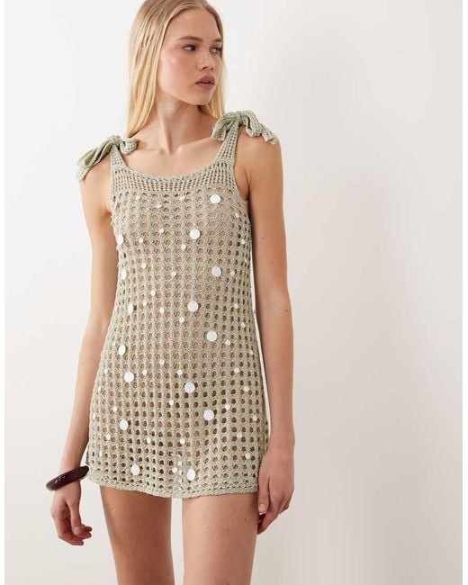 Miss Selfridge Natural Beach Metallic Crochet Faux Pearl Mini Dress