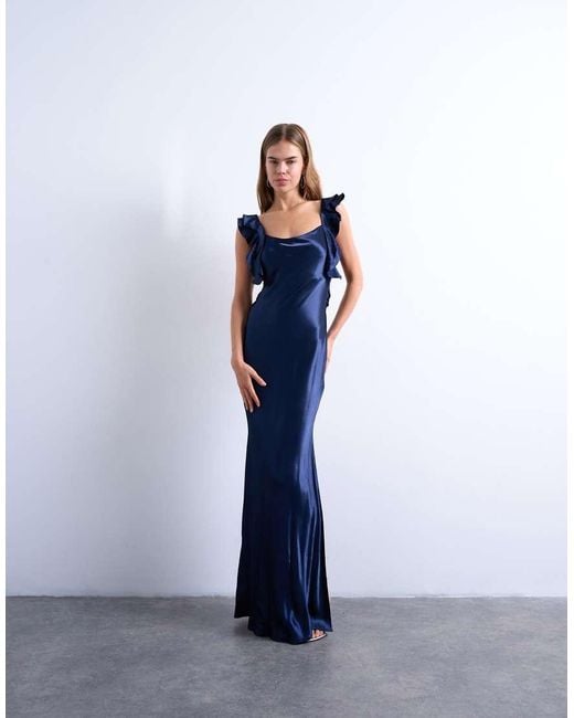TOPSHOP Blue Ruffle Shoulder Satin Slip Dress