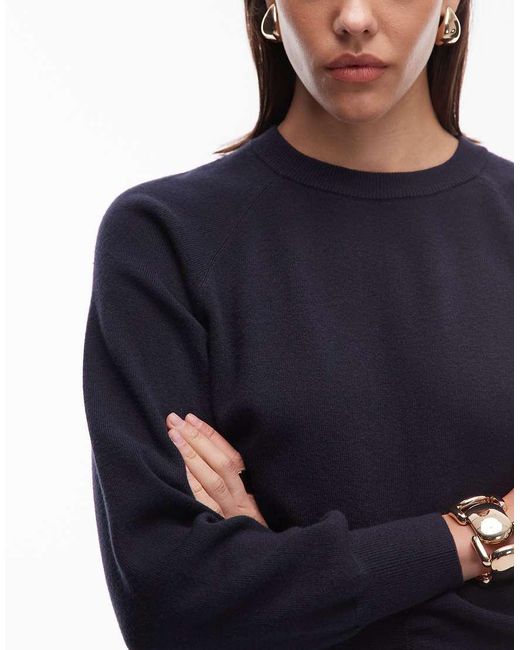 ASOS Blue Knitted Crew Neck Jumper With Waisted Detail