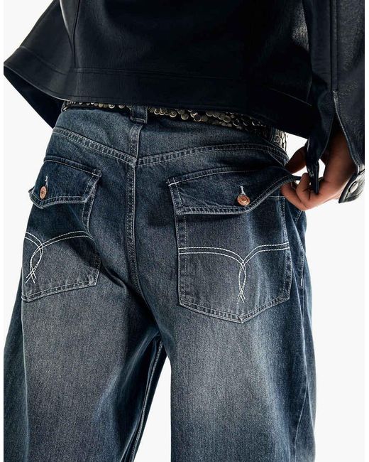 Bershka Blue Tall Embroidered Super baggy Jeans for men