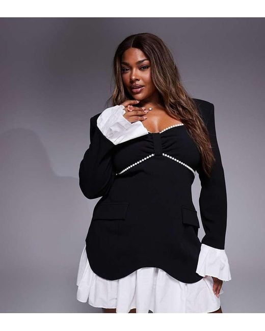 ASOS Black Curve Structured Long Sleeve Mini Dress With Pearl Trim And Pleated Skirt