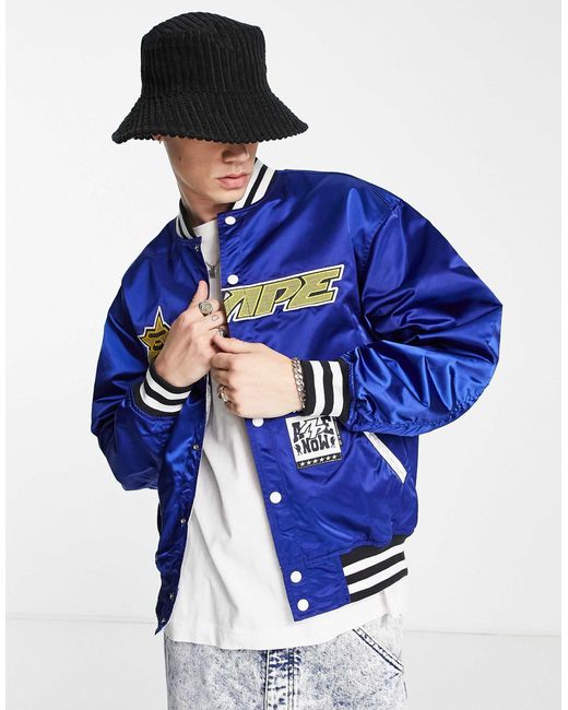 Aape By A Bathing Ape Blue Aape By A Bathing Ape College Bomber Jacket for men