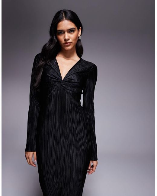 ASOS Blue Plisse Long Sleeve Twist Front Midi Dress