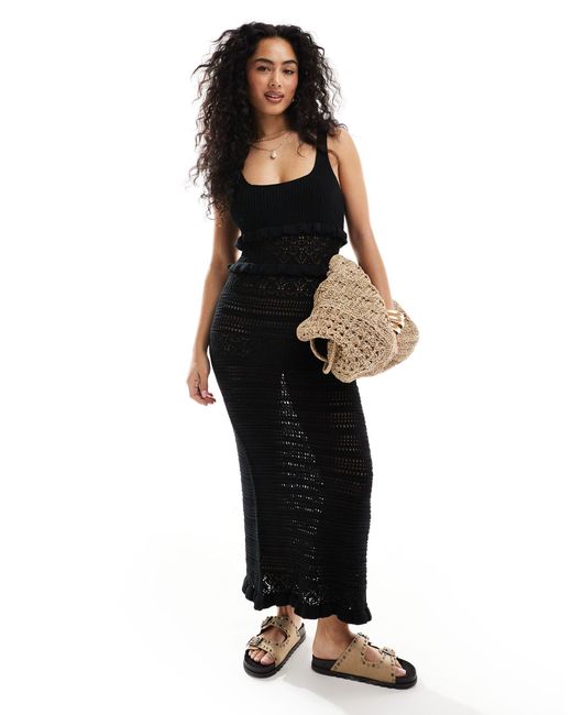 Miss Selfridge Black Frill Crochet Maxi Dress