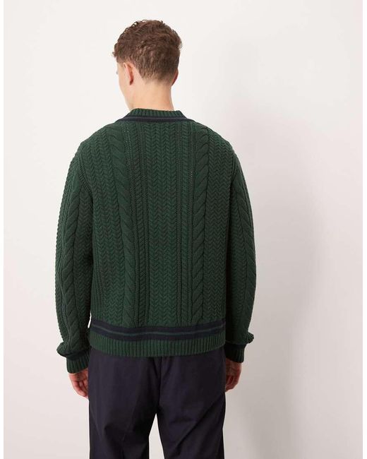 Abercrombie & Fitch Green Long Sleeve V Neck Stripe Detail Cable Knit Jumper for men