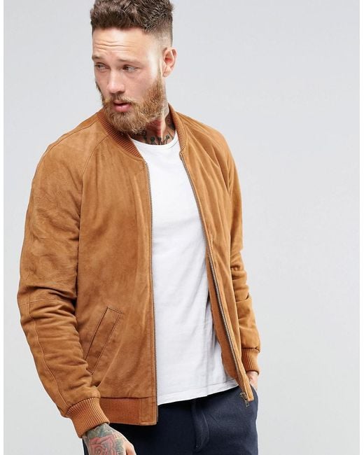 ASOS Brown Suede Bomber Jacket In Tan for men