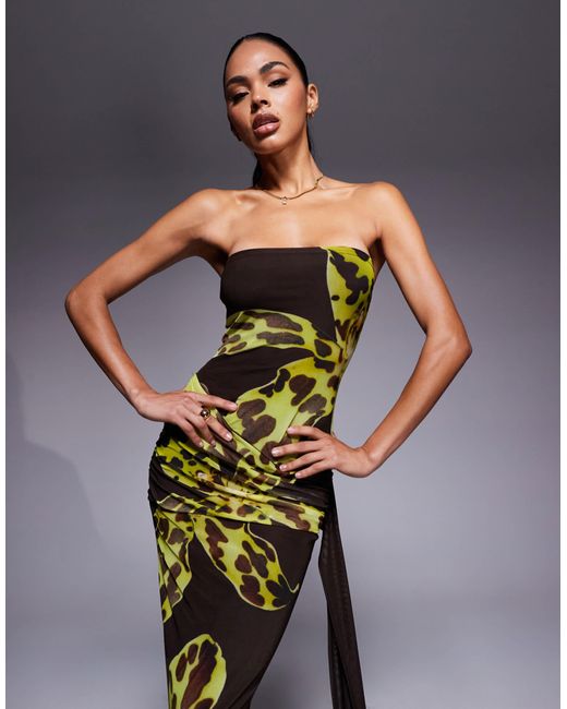 Kaiia Multicolor Exclusive Double Layered Slinky Mesh Bandeau Tie Side Drape Detail Maxi Dress