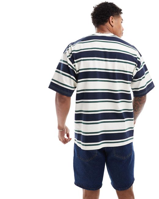 SELECTED – schweres oversize-t-shirt mit streifen in Blue für Herren