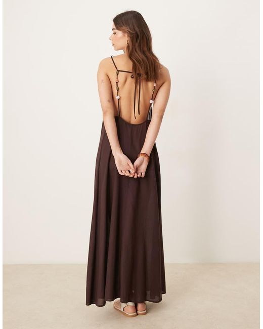 ASOS Natural Ivy Linen Blend Maxi Beach Dress With Bead And Back Detail