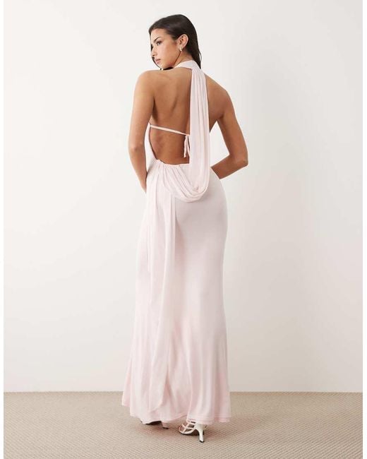 ASOS Pink Mesh Scooped Halter Neck Maxi Dress With Open Back Draped Sash Detail