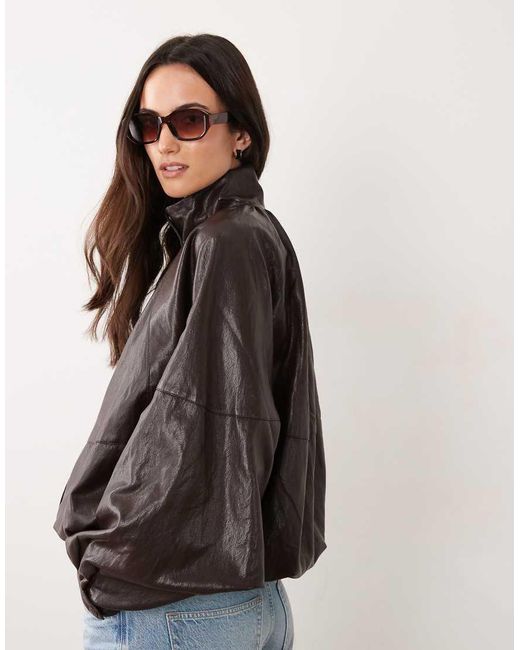 Jdy Brown Funnel Neck Faux Leather Bomber Jacket