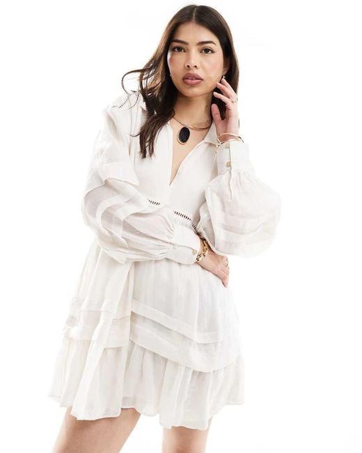 & Other Stories White Open Collar Mini Shirt Dress With Floaty Tiered Hem