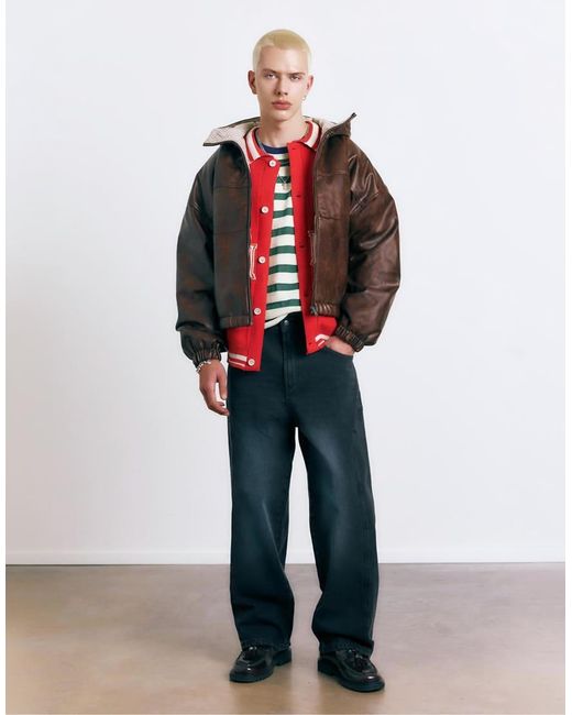 Pull&Bear Brown Distressed Leather Effect Jacket for men