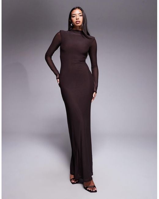 ASOS Purple Mesh Long Sleeve Cut Out Maxi Dress With Ring Detail Back