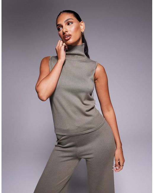 Kaiia Gray Exclusive Fine Knit Roll Neck Sleeveless Top Co-ord