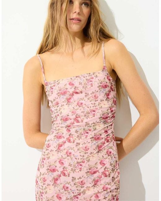 Stradivarius Pink Printed Fitted Midi Dress