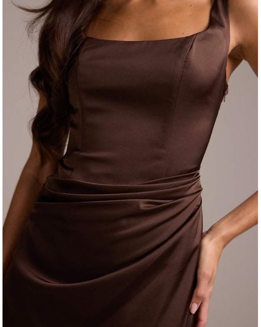 ASOS Brown Bridesmaids Square Neck Satin Maxi Dress With Asymmetric Skirt Overlay