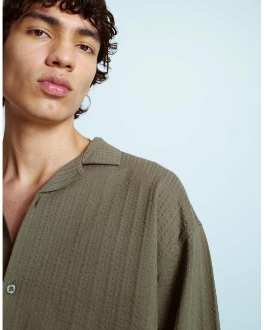 Topman Green Boxy Oversized Fit Long Sleeve Button Through Jersey Shirt With Seersucker for men