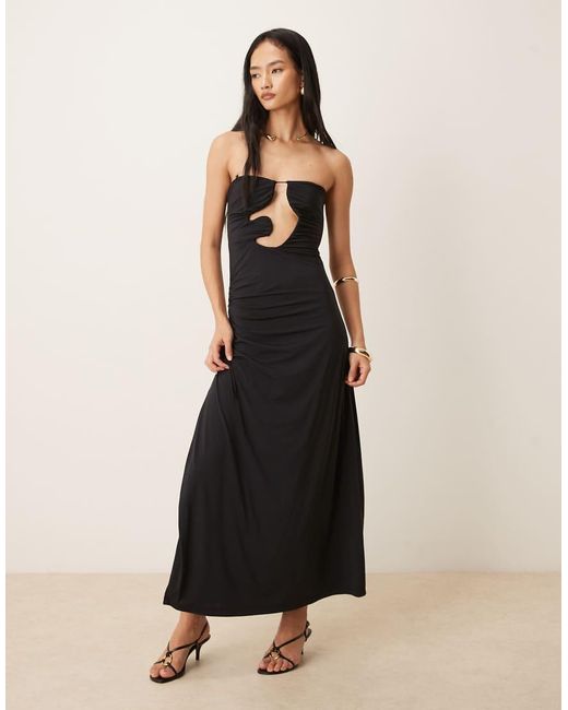 Bardot Black Alberta Slinky Bandeau Abstract Cutout Detail Gathered Tie Side Maxi Dress