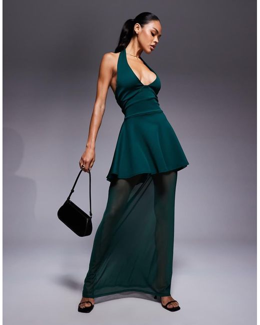 ASOS Blue Peplum Halterneck Maxi Dress With Sheer Skirt