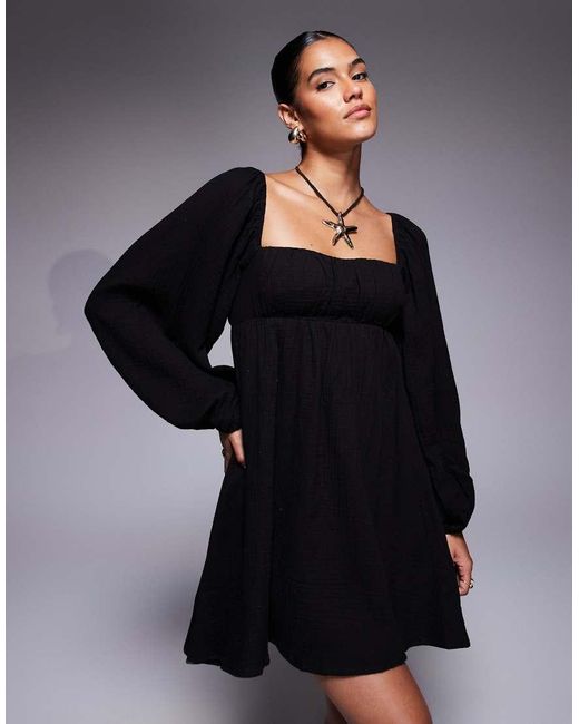 Princess Polly Black Let's Dance Cotton Linen Look Puff Sleeve Long Sleeve Open Tie Back Mini Smock Dress