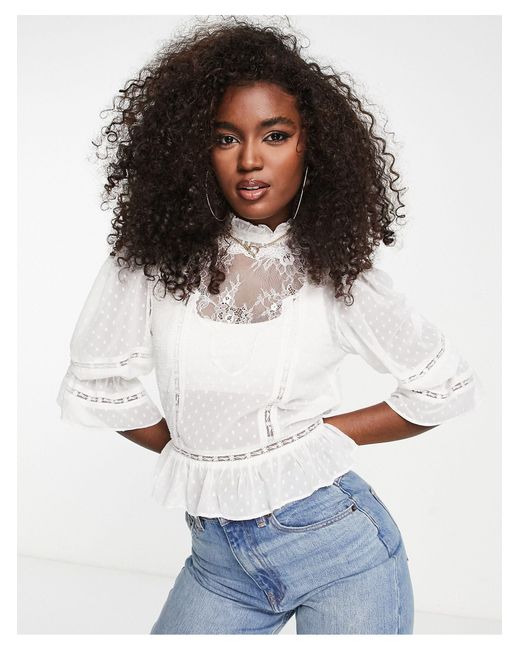 Miss Selfridge Sheer Lace Insert Victoriana Blouse in White Lyst