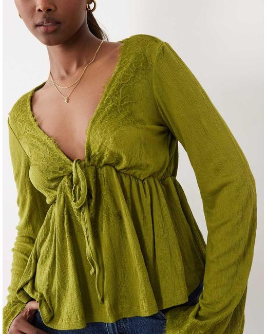ASOS Green Crinkle Lace Trim Plunge Top With Flare Sleeve