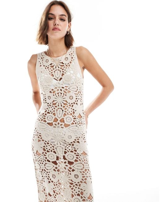 Mango White Crochet Midi Dress