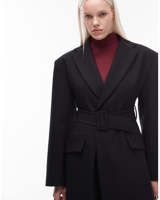 ASOS Black Tailored Power Shoulder Belted Overcoat