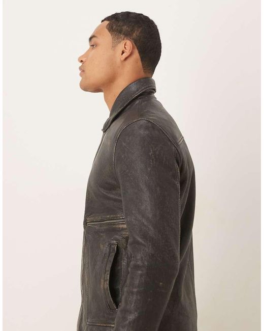 Barney's Originals Gray Real Leather Washed Harrington for men
