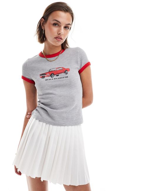 ASOS White Waffle Ringer Baby Tee With Muscle Car Graphic